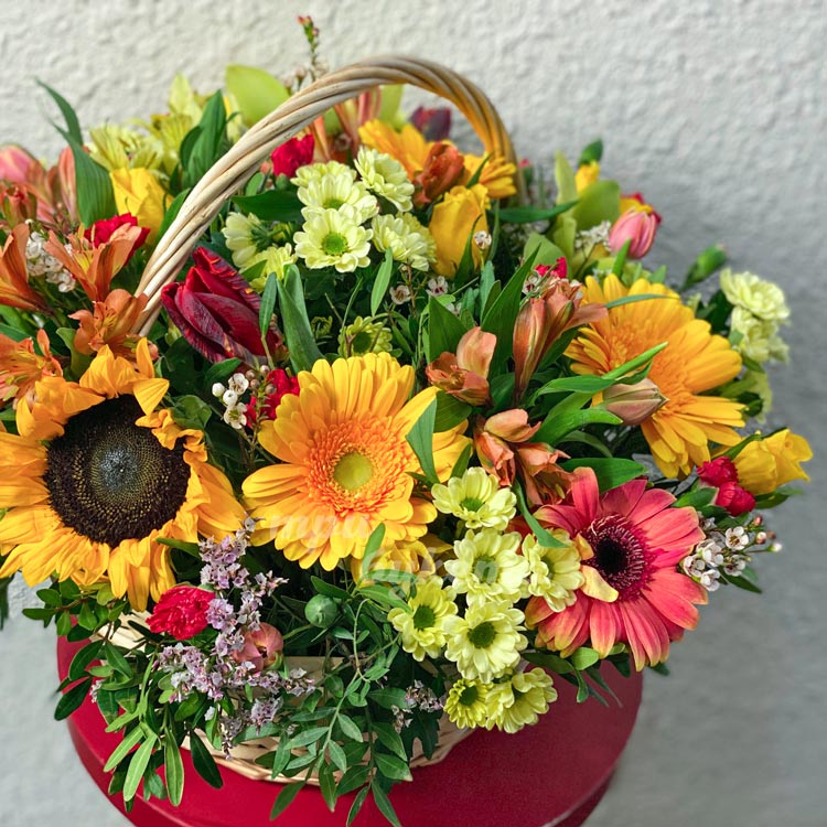 Корзина хризантем с подсолнухом (крупный план)