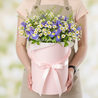 Ромашки и ирисы в шляпной коробке