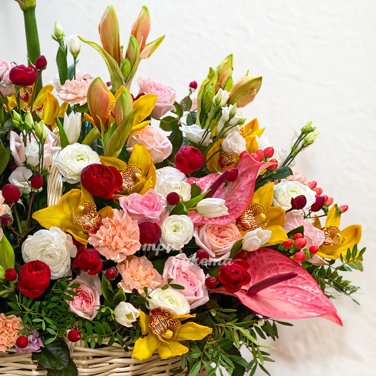 Корзина ярких роз, орхидей и амариллисов (крупный план справа)